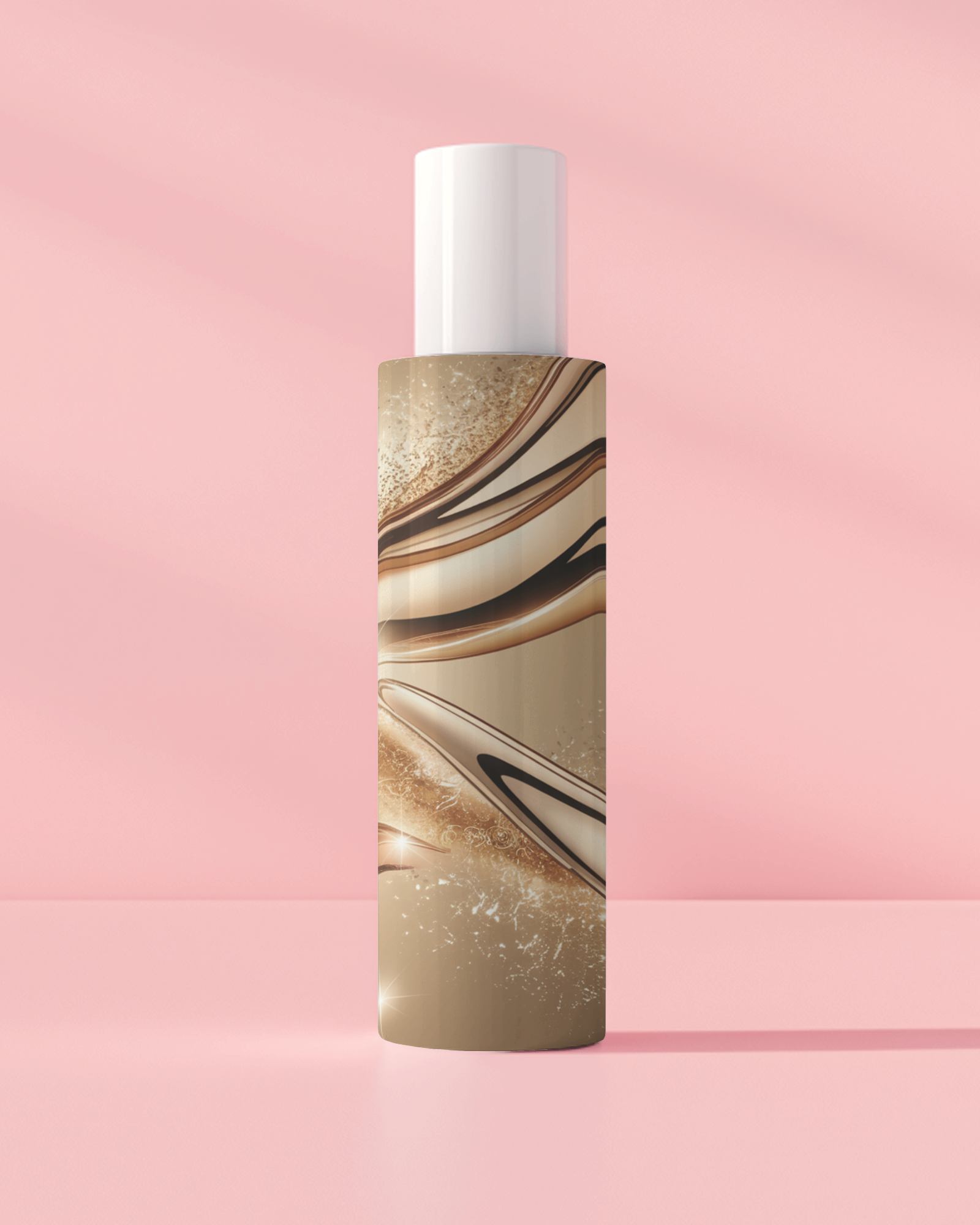 Luxury Cosmetic Bottle Mockup Glossy White Packaging Against Pastel Pink Backdrop With Subtle Lighting