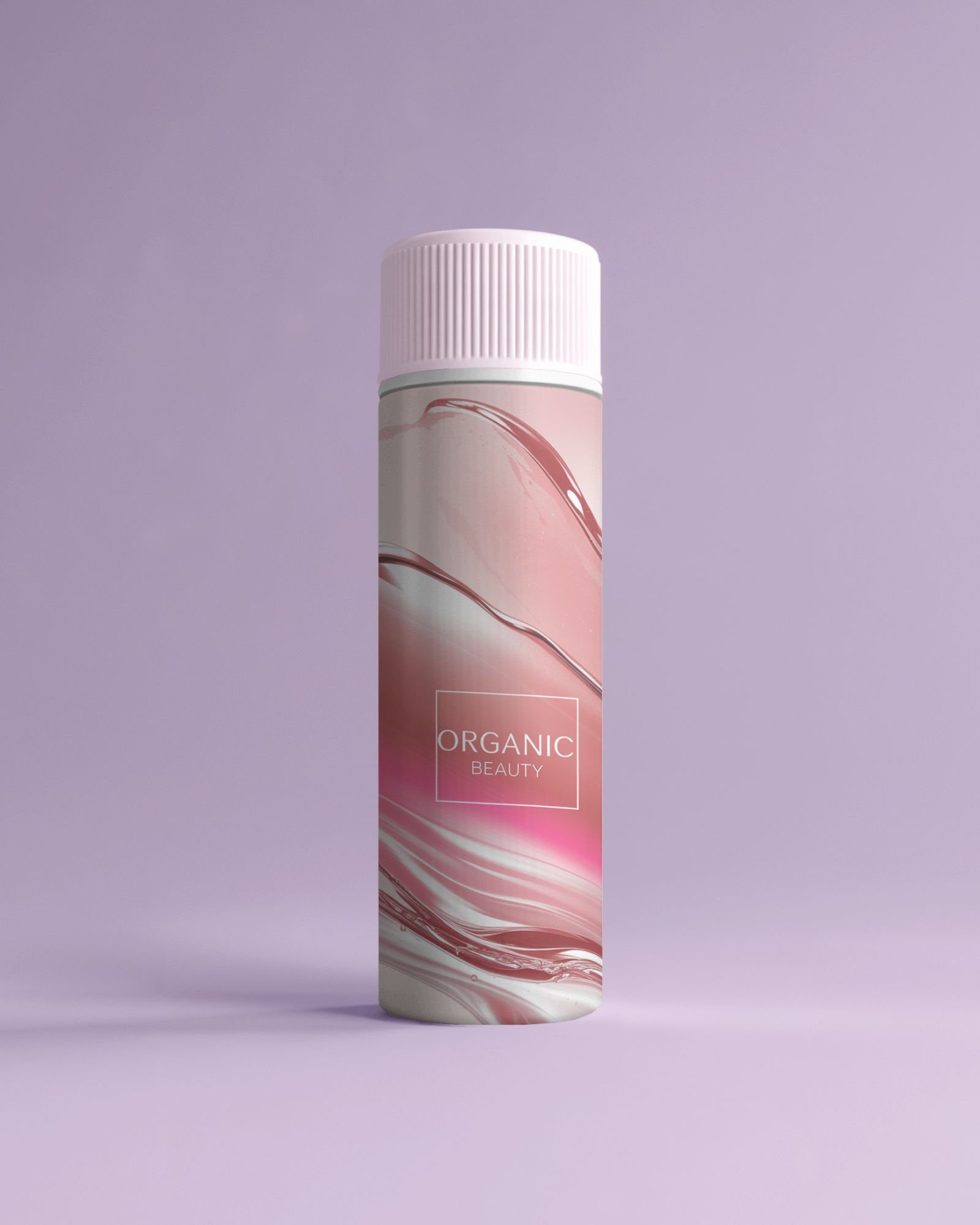 Elegant Cosmetic Bottle Mockup White Skincare Container With Soft Pink Cap On Pastel Purple Background