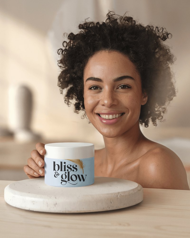 Organic Skincare Branding Mockup Cosmetic Jar On Stylish Stone Platform With Smiling Female Model