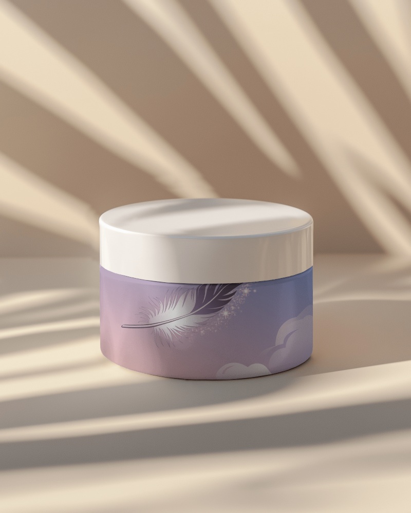 Elegant Skincare Jar Mockup Lavender And Blush Tones With Minimalist Feather Artwork
