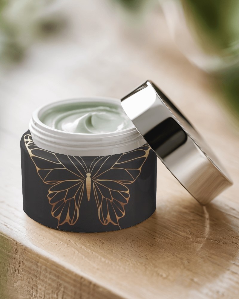 Open Cosmetic Jar Mockup Metallic Lid Reflecting Natural Light With Rich Green Cream Texture