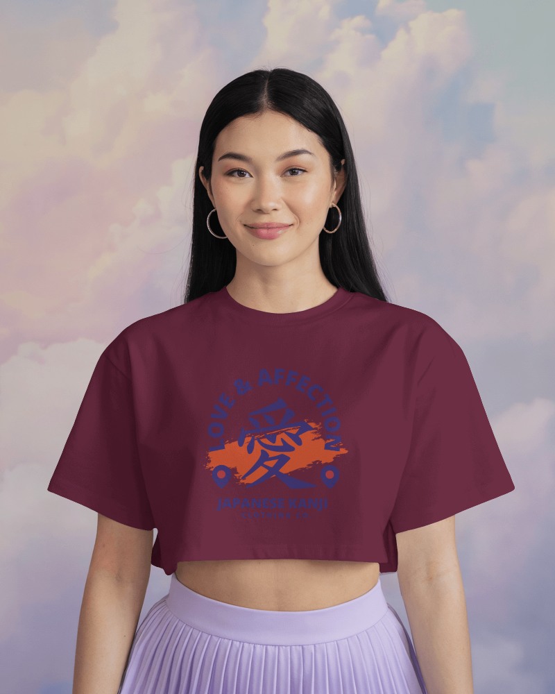 Maroon Crop Top Mockup Female Model Smiling Against Cloudy Sky Background