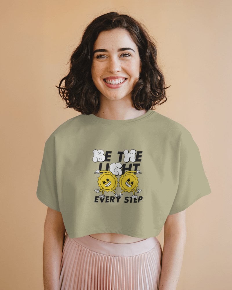 Sage Green Crop Top Mockup Smiling Female Model Minimalist Background