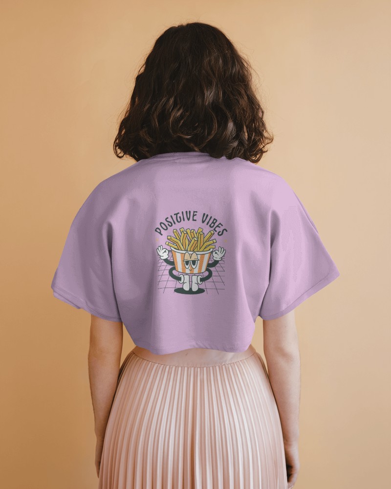 Pastel Aesthetic Crop Top Mockup Female Model Back View Lavender Tee Smiling French Fries Graphic Playful And Modern