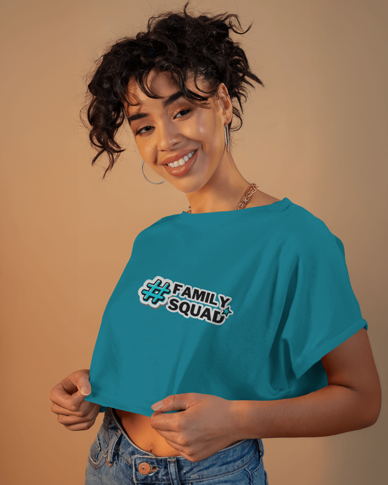 Modern Casual Crop Top Mockup Teal Fabric Bold Text Design Hashtag Family Squad Sticker Style Graphic