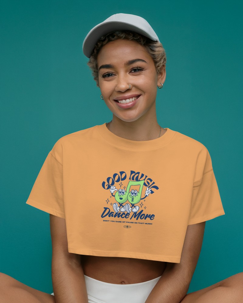 Vibrant Yellow Crop Top Mockup Female Model Smiling Music Themed Graphic Playful And Energetic Design