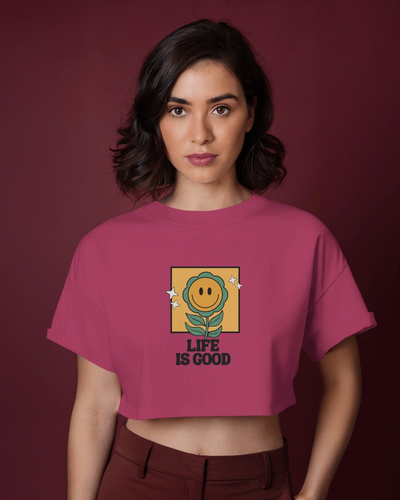 Bold Maroon Crop Top Mockup Female Model Serious Expression Life Is Good Graphic Retro Aesthetic