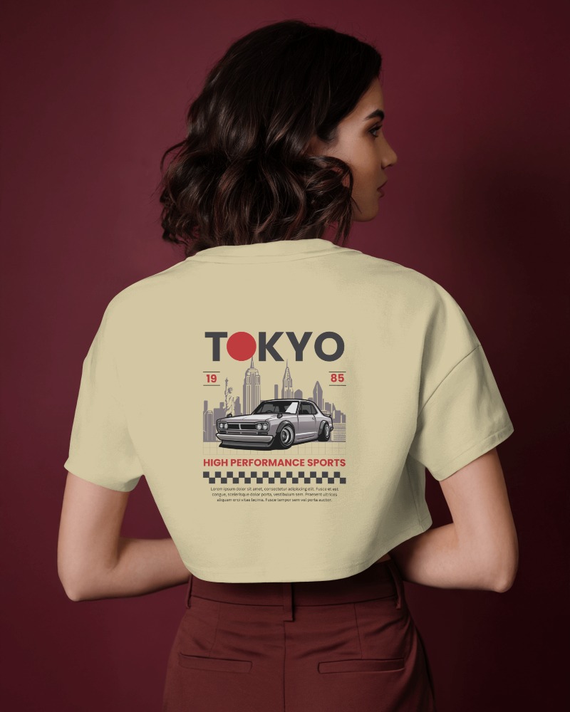 Stylish Crop Top Mockup Back Print Graphic 90s Racer Style Vintage Japanese Motorsport Design