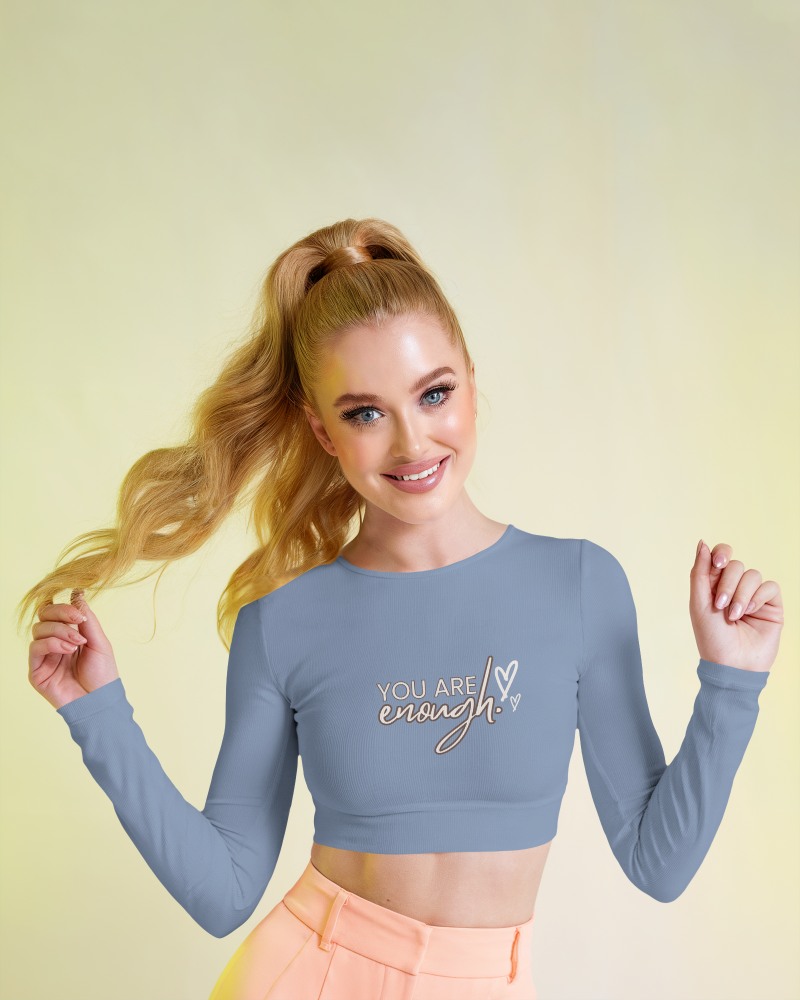 Sky Blue Crop Top Mockup Blonde Female Model Smiling In Soft Pastel Background Stylish And Trendy Look