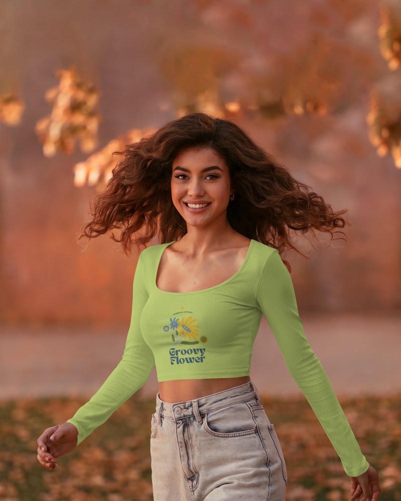 Vibrant Green Crop Top Mockup Female Model Smiling In Autumn Sunset Glow Casual And Trendy Outdoor Fashion Long Sleeve Square Neck