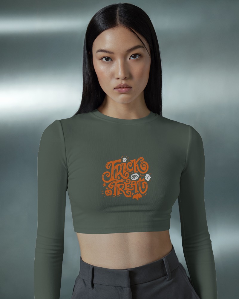 Fitted Long Sleeve Crop Top Mockup Woman In Sleek Dark Tone Outfit Minimalistic Modern Fashion Aesthetic