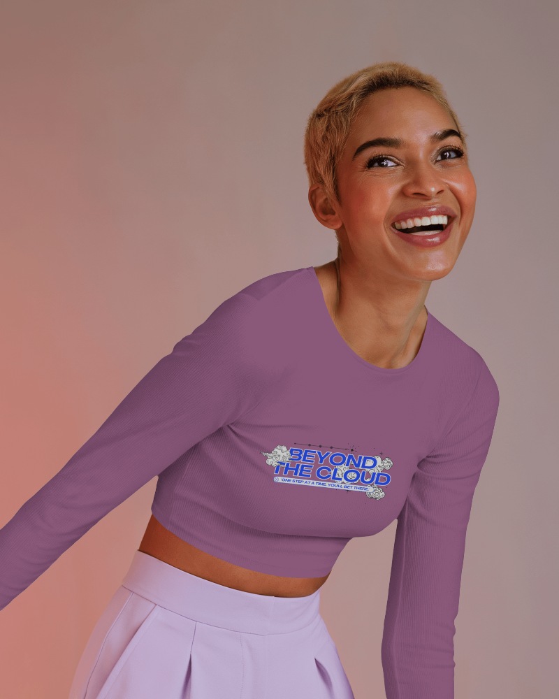 Happy And Stylish Crop Top Mockup Woman In Lilac Long Sleeve Outfit Soft Lighting Modern Fashion