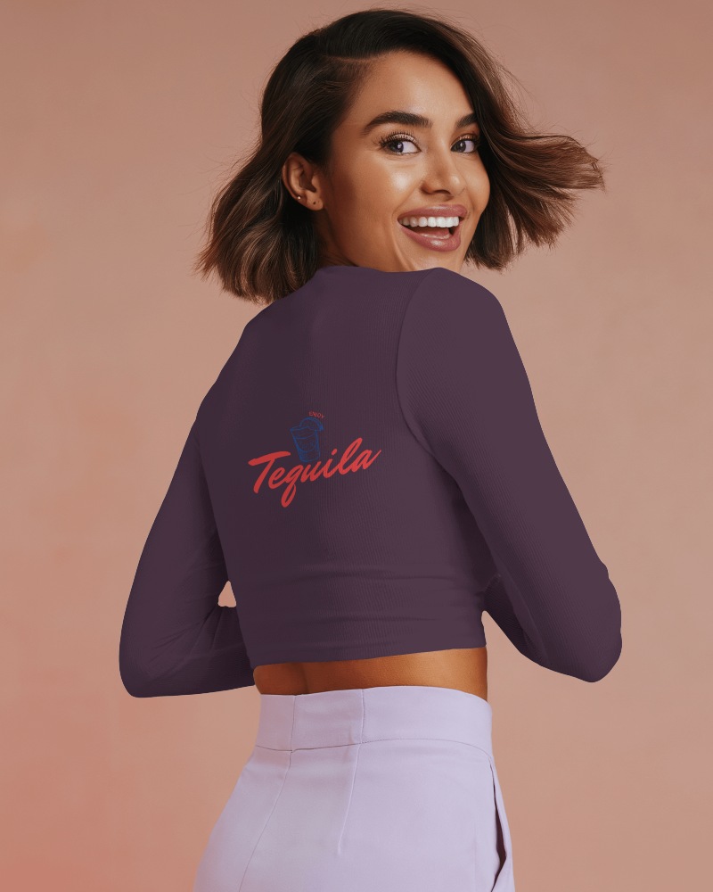 Minimalist Tequila Text Crop Top Mockup Dark Purple Long Sleeve Bold Back Design Woman Smiling Casual Style