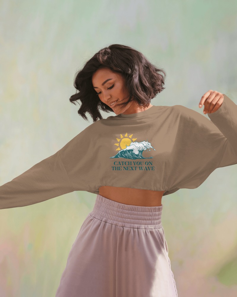 Earthy Tone Crop Top Mockup Relaxed Female Model In Soft Pastel Background With Summer Wave Print Effortlessly Stylish