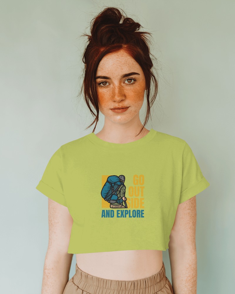 Urban Adventure Crop Top Mockup Trendy Green Fabric With Bold Graphic Design Worn By Naturally Stunning Female Model