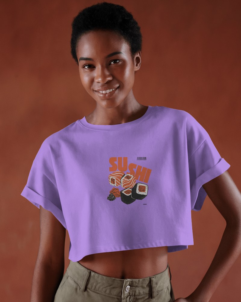 Aesthetic Purple Crop Top Mockup Woman In Loose Rolled Sleeve Shirt With Bold Orange Sushi Text And Playful Food Design
