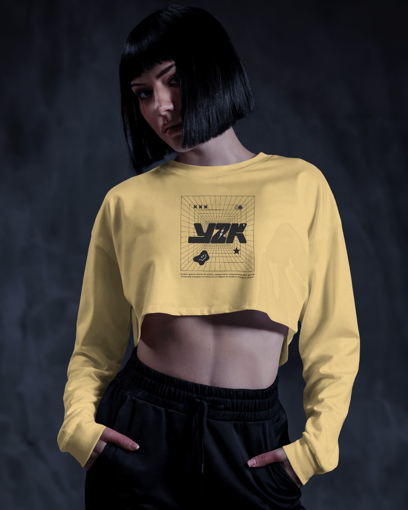 Bright Fun Party Vibes Crop Top Mockup Female Model In Green Dance Themed Top With Retro Style Illustration