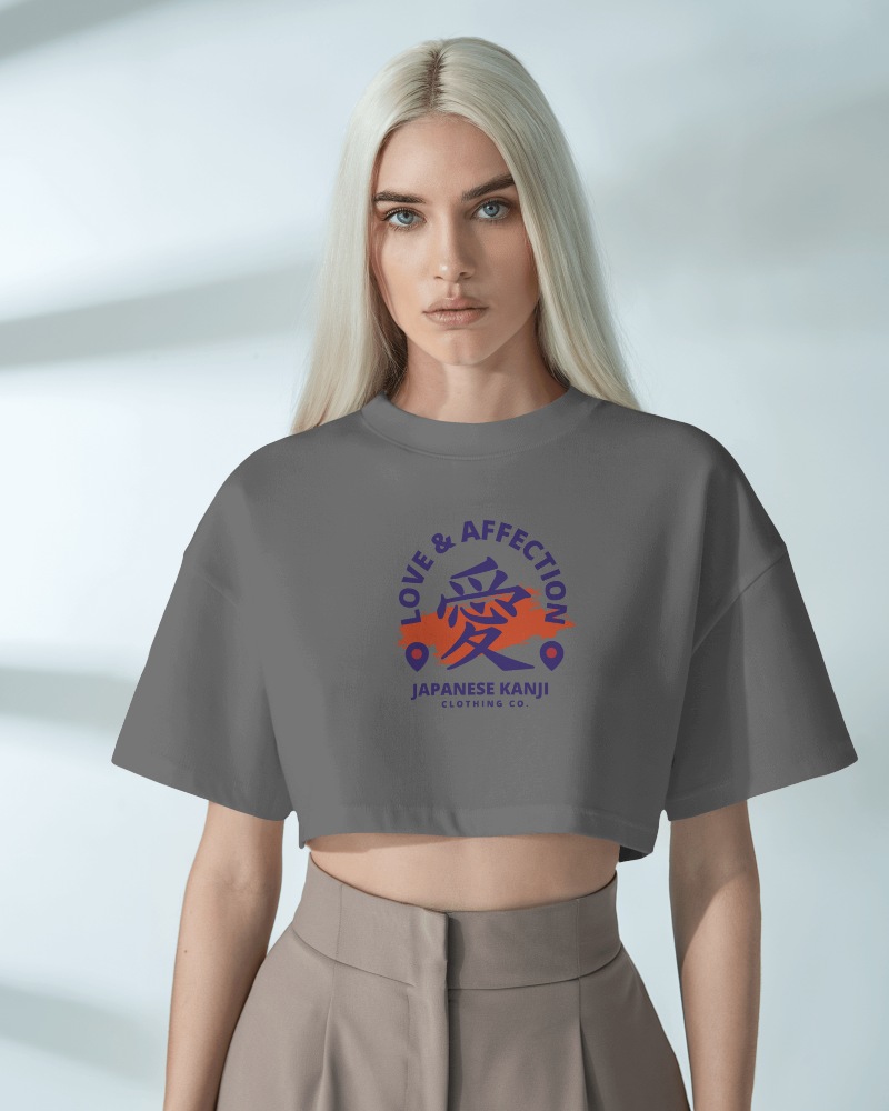 Sophisticated Monochrome Streetwear Crop Top Mockup Fashion Model In Neutral Palette Wearing Bold Graphic Design
