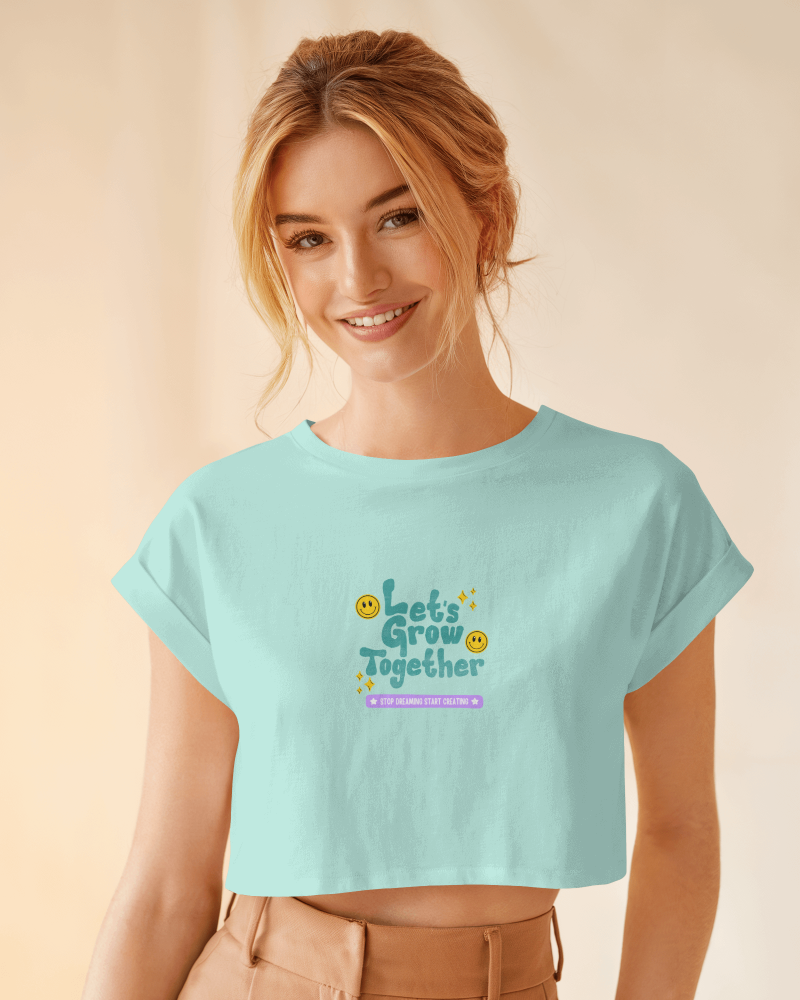 Trendy Pastel Crop Top Mockup Soft Blue Color With Motivational Graphic Design Smiley Icons Female Model In Cozy Lighting