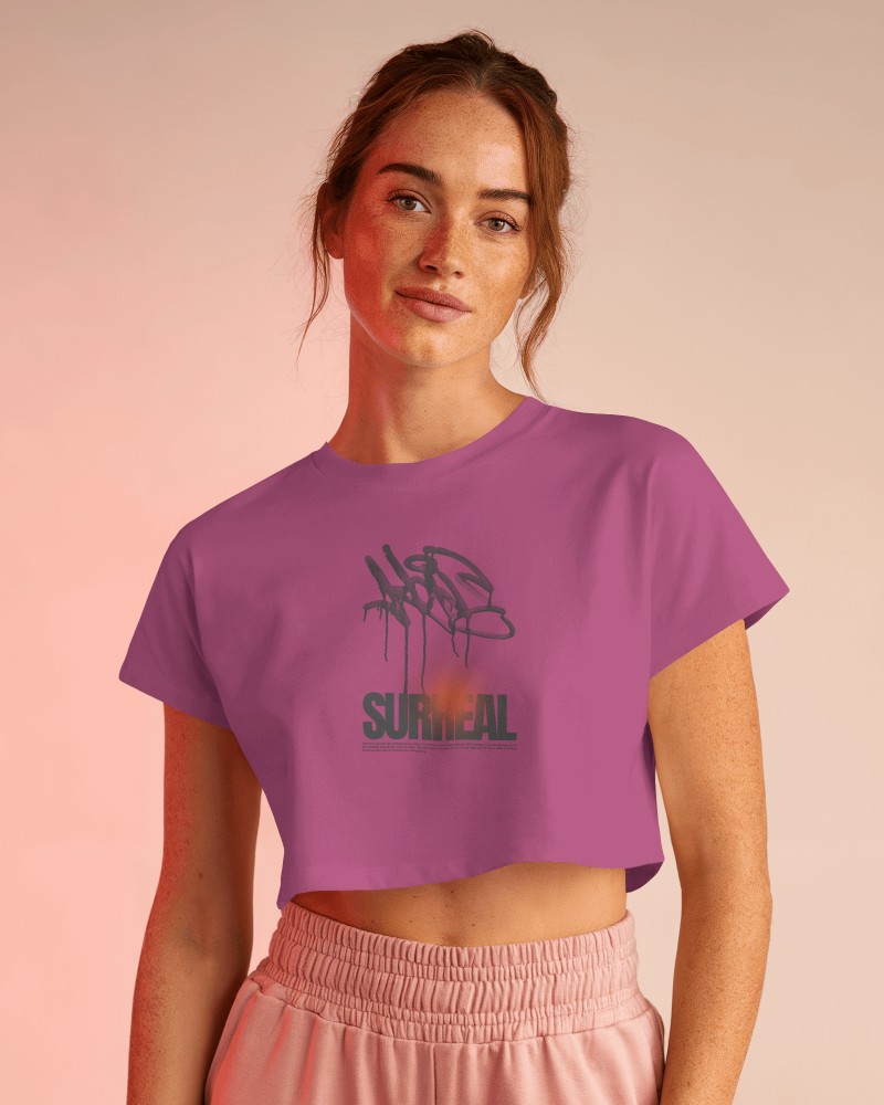 Vibrant Purple Crop Top Mockup Female Model In Soft Pink Lighting Modern Urban Graffiti Design Stylish And Trendy Look
