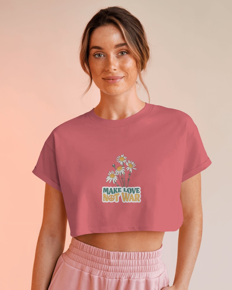 Fashionable Feminine Crop Top Mockup Retro Daisy Print Soft Matte Fabric Dusty Pink Tone With Warm Lighting