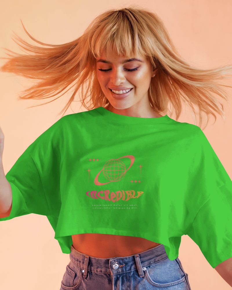 Joyful Expression Crop Top Mockup Female Model Showcasing Dynamic Movement And Vibrant Vibes
