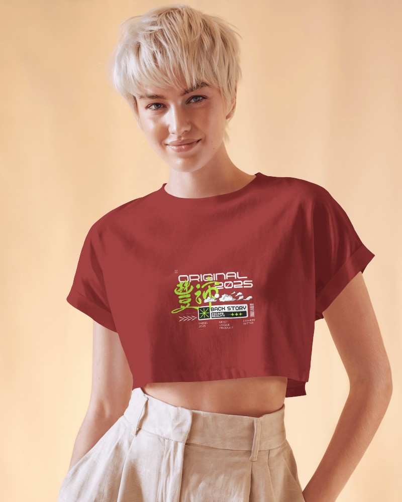 Modern Fashion Crop Top Mockup Female Model In Stylish Casual Outfit With Trendy Graphic And Relaxed Look