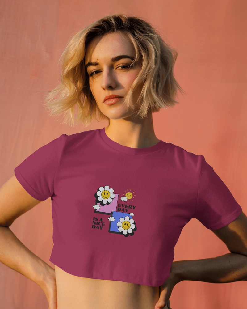 Trendy Crop Top Mockup Female Model In Stylish Casual Look With Positive Message Graphic Design