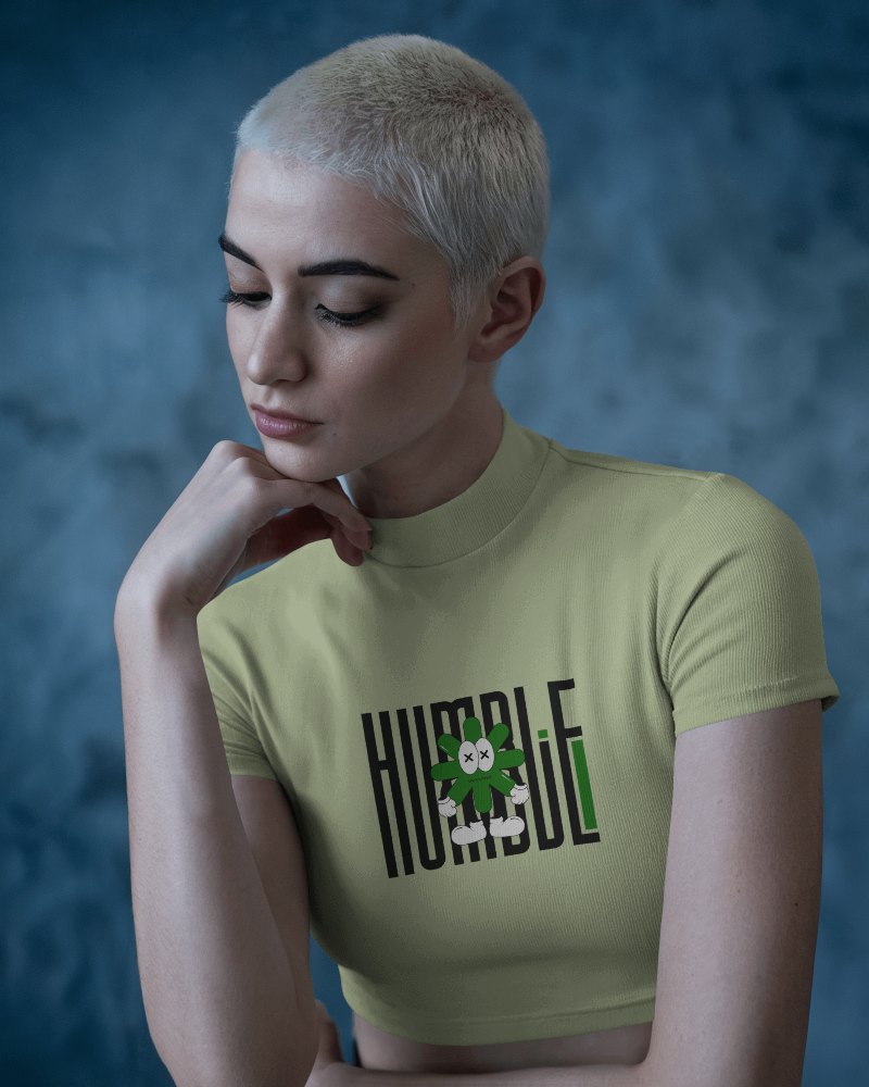 Moody Aesthetic Crop Top Mockup Female Model In Contemplative Pose With Bold Statement Design