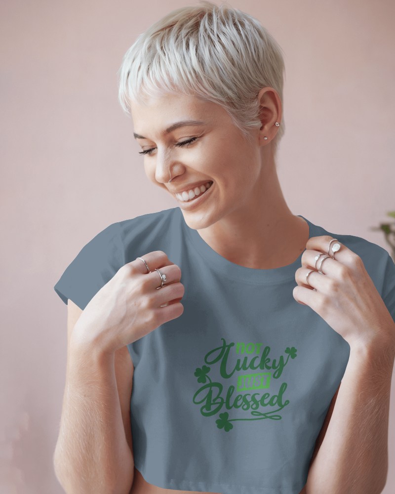 Fashionable Graphic Crop Top Mockup Woman Smiling In A Playful And Stylish Modern Look