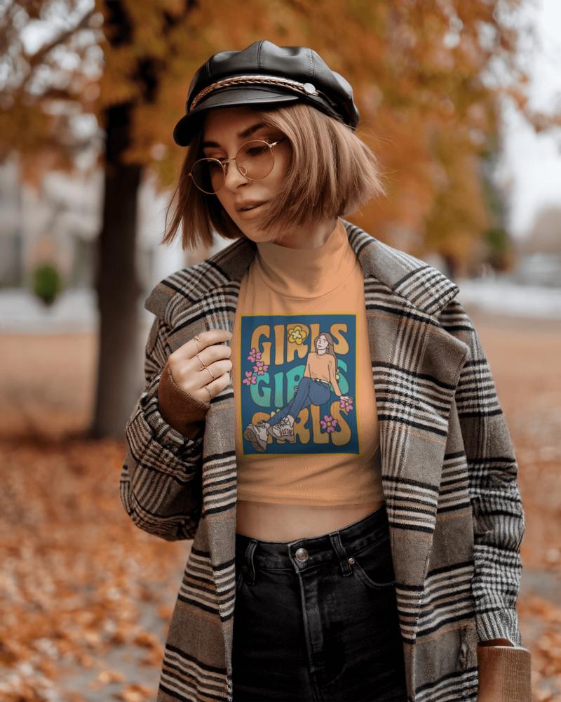 Autumn Streetwear Crop Top Mockup Trendy Female Model In Plaid Coat And Leather Beret Cozy Fall Aesthetic Warm Tones 008