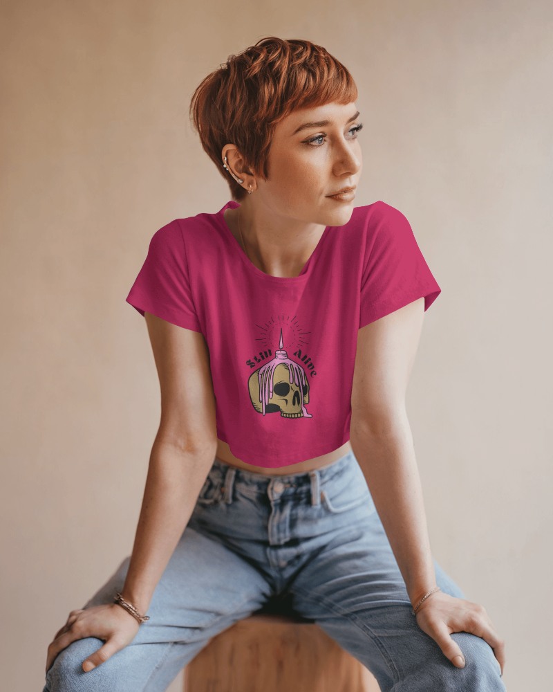 Fashionable Casual Crop Top Mockup Woman In Denim And Stylish Graphic Tee For A Modern Look