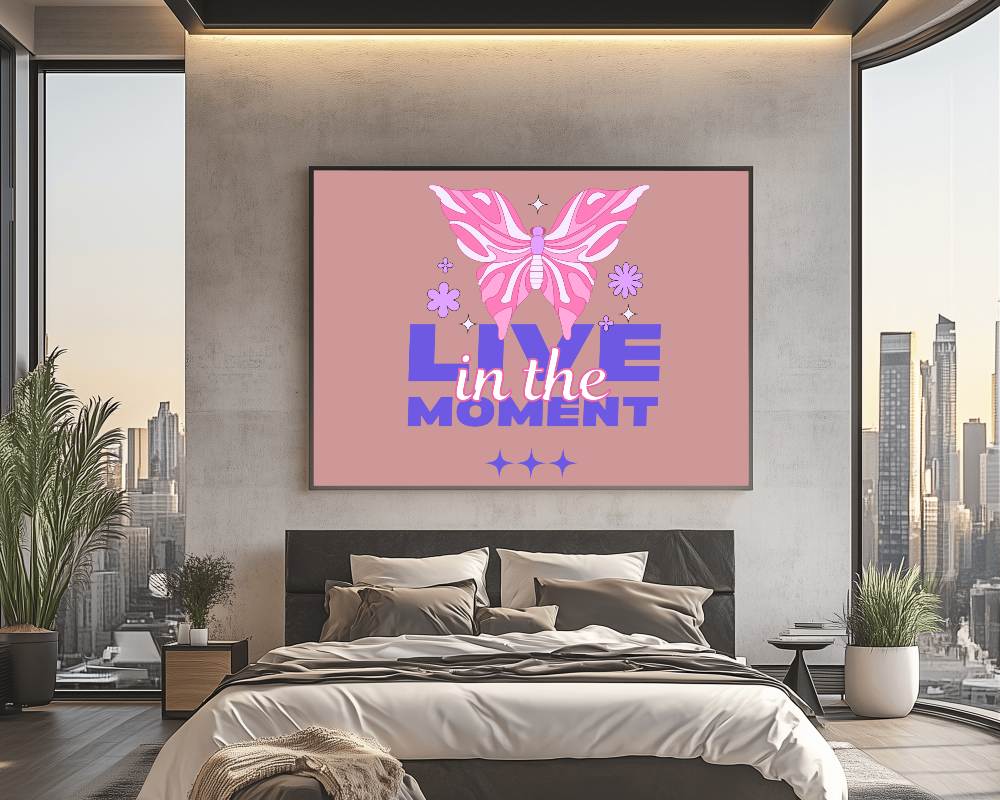 Bedroom With Building View Frame Mockup Modern Room With Cityscape Panorama And Soft Lighting 0104