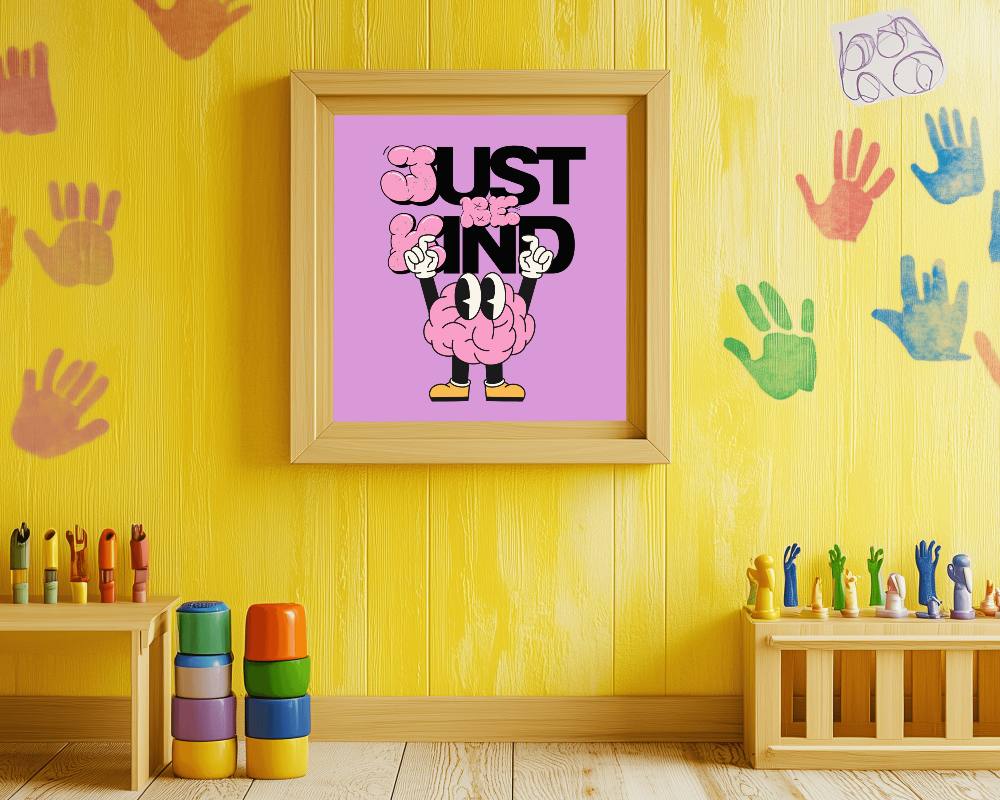 Playful Kids Room Frame Mockup On Vibrant Yellow Wall With Colorful Handprints And Art Supplies 0130