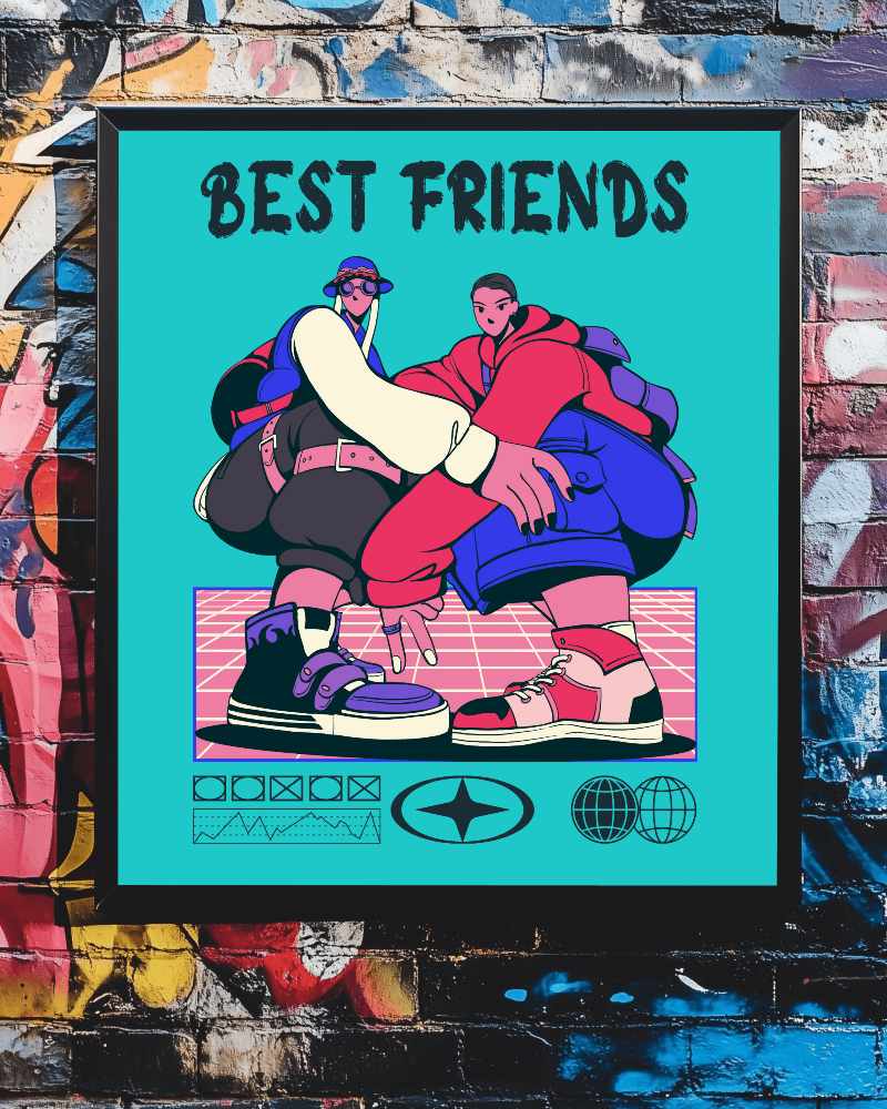 Urban Graffiti Frame Mockup Black Frame On Colorful Painted Brick Wall Edgy And Artistic Vibe 134