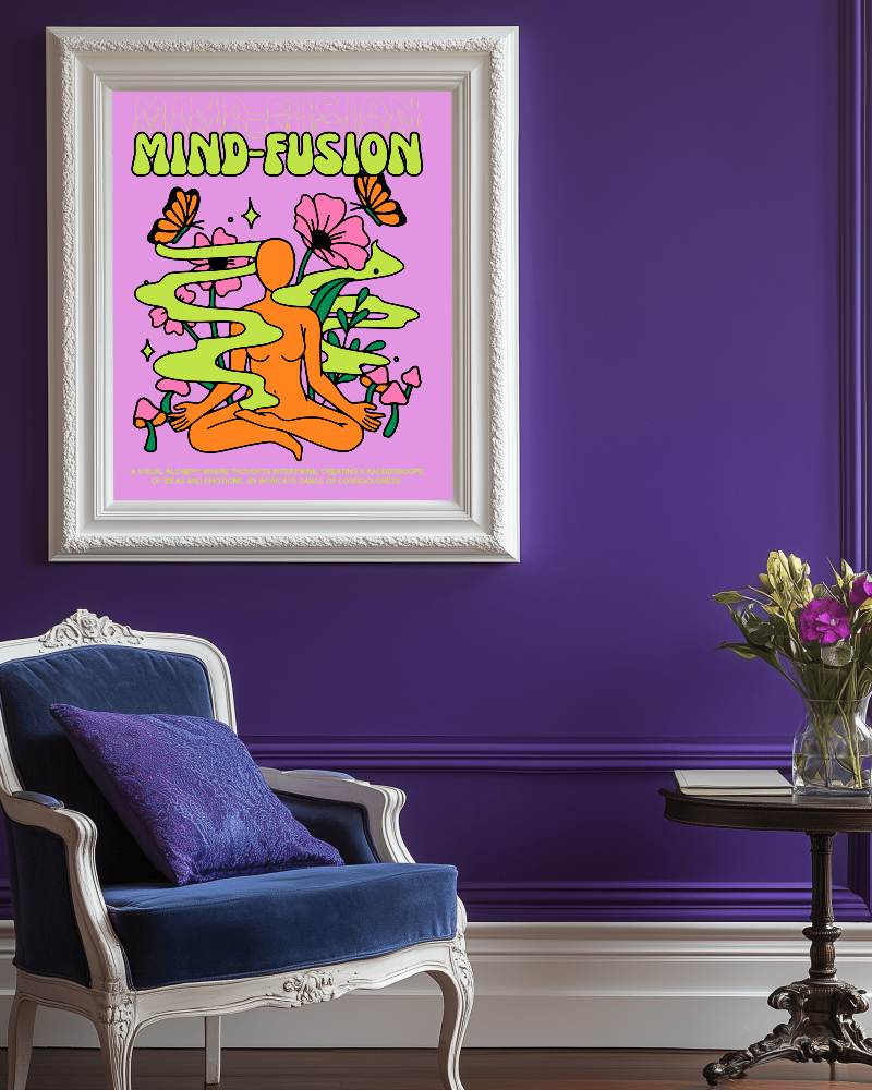 Elegant Interior Frame Mockup Luxurious Purple Wall With Ornate White Frame Vintage Armchair And Floral Decor 0142