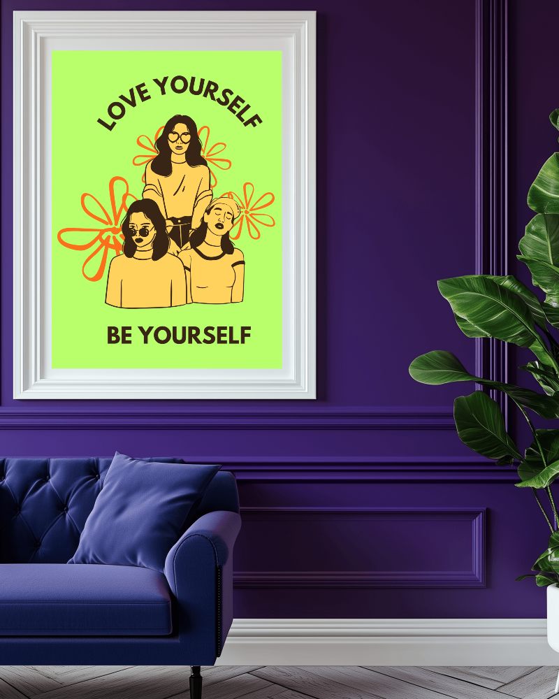 Luxurious Interior Frame Mockup Deep Purple Wall With White Frame Elegant Velvet Sofa And Greenery 0143