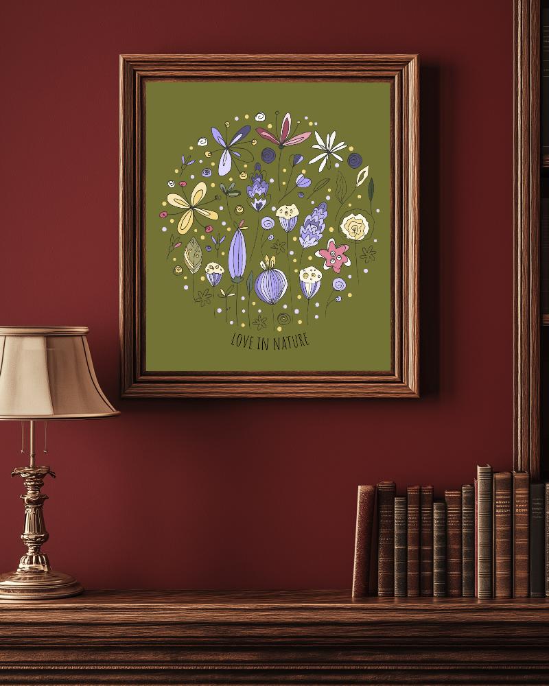 Vintage Library Frame Mockup Dark Wood Frame On Deep Red Wall With Antique Books And Brass Lamp 163