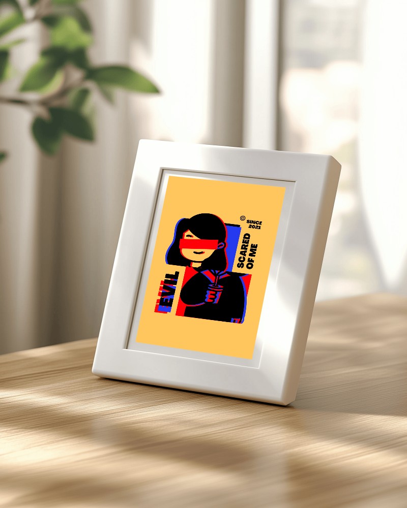 Sunlit Interior Frame Mockup On Wooden Table With Soft Natural Lighting And Greenery In Background Cozy And Bright Ambience 068