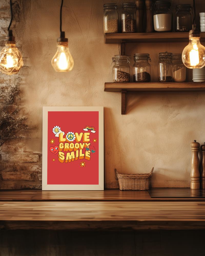 Rustic Kitchen Frame Mockup With Warm Ambient Lighting Exposed Brick Wall And Wooden Shelves Cozy And Inviting Ambience 070