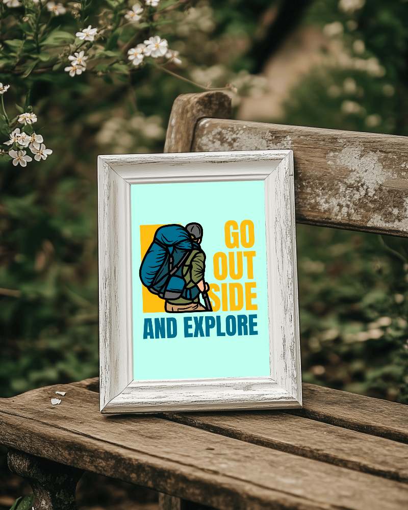 Rustic Garden Frame Mockup Weathered Wooden Frame On Vintage Bench With Blooming Flowers Serene Outdoor Setting 079