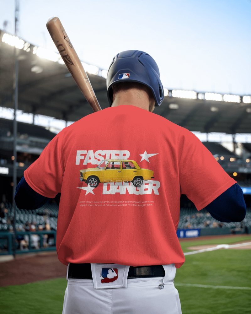 Red Baseball Jersey Mockup On Field With Cool Car And Star Design