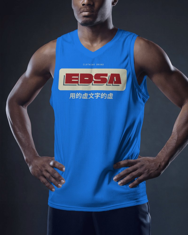 Athletic Blue Jersey Mockup Branded Epsa On Muscular Figure