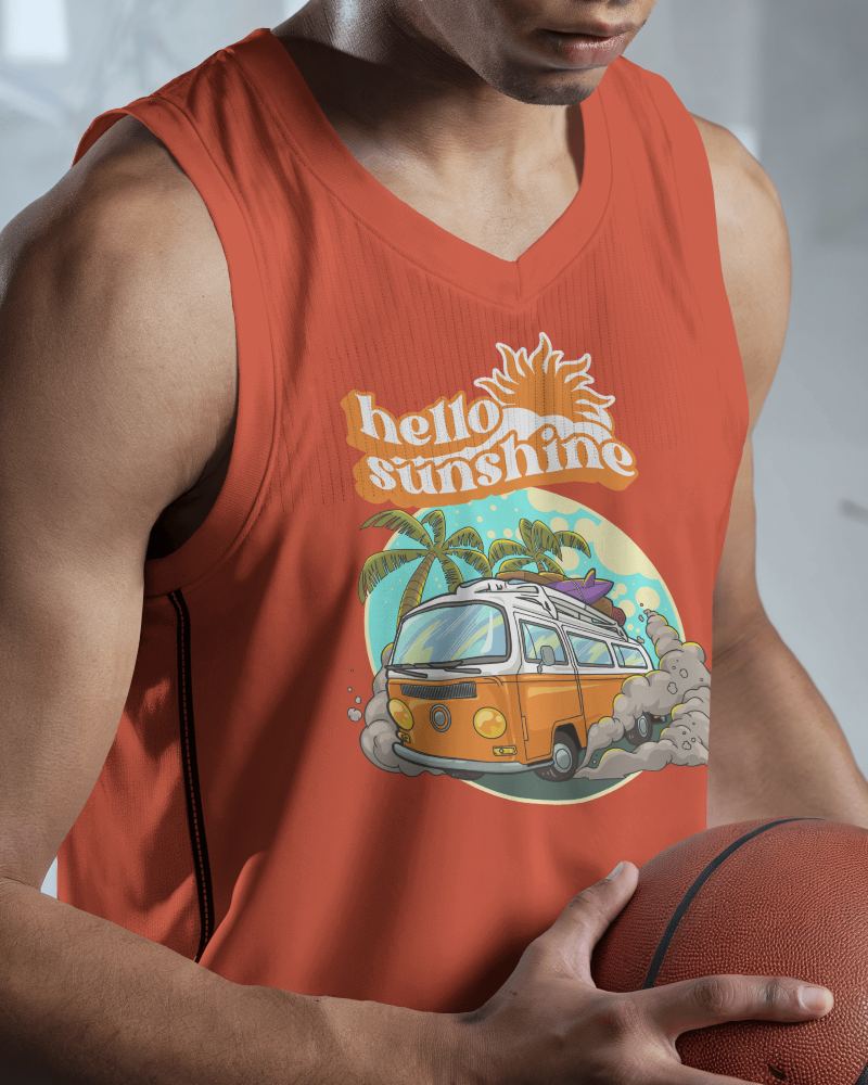 Summer Basketball Jersey Mockup Player Holding Ball In Tropical Gear
