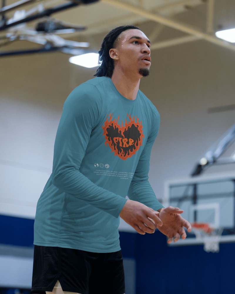 Indoor Basketball Court Jersey Mockup Player With Flaming Logo Design
