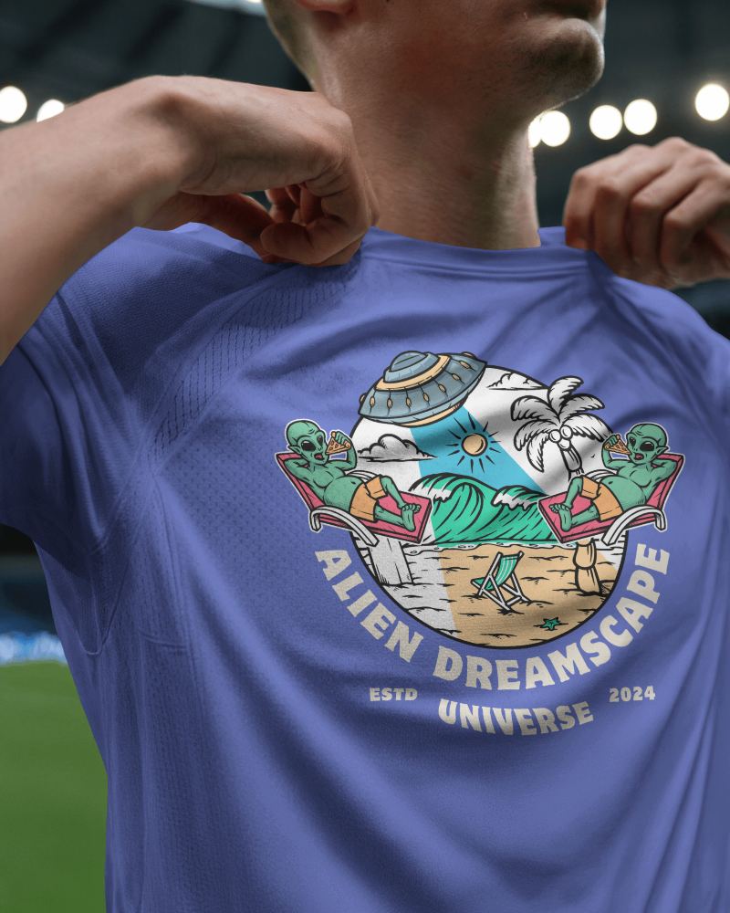 Universe Exploration Jersey Mockup Male Model Presenting Alien Artwork Under Football Stadium Lights