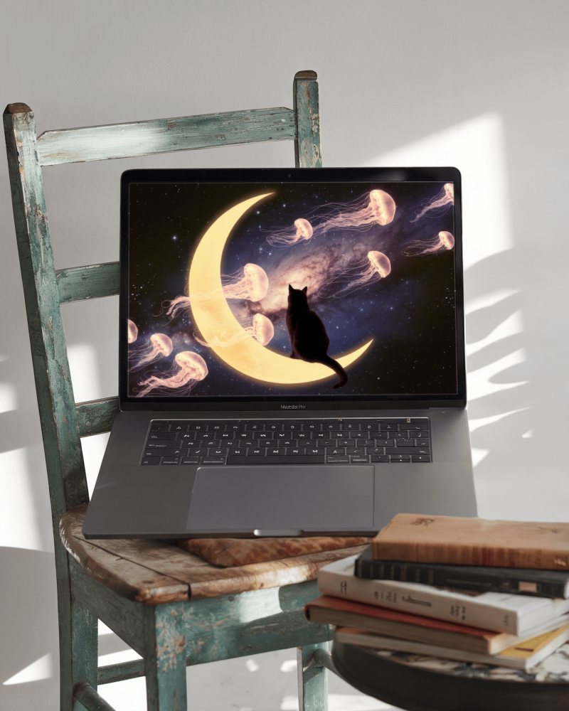 Macbook Pro On Desk With Orange Card Background And Soft Shadows For A Creative Studio Vibe