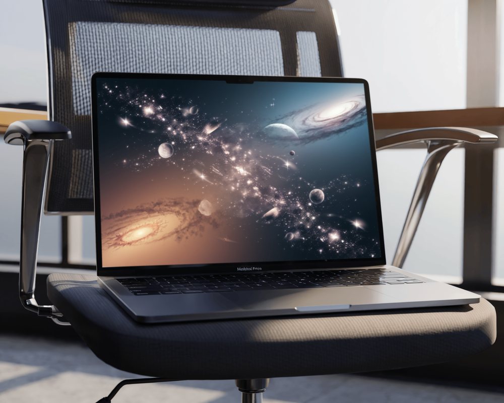 Executive Chair Macbook Mockup Soft Lighting Modern Office Setup