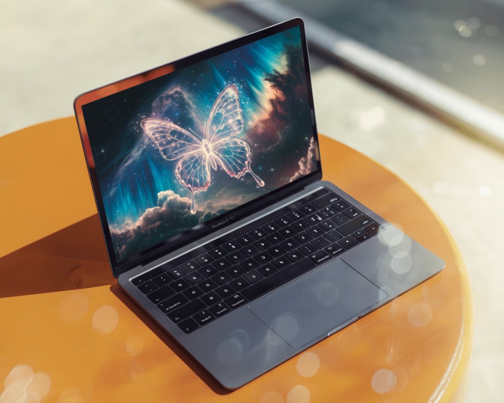Bright Bokeh Macbook Mockup Sunlit Table Modern Setup