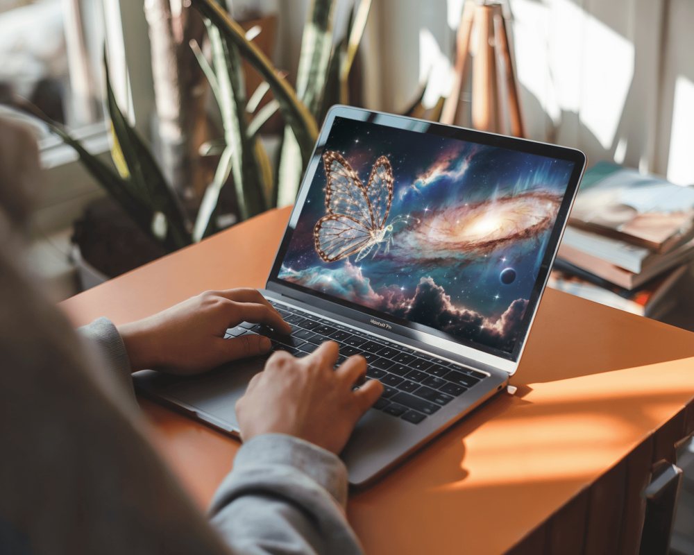 Cozy Interior Macbook Mockup User Working In Soft Natural Light